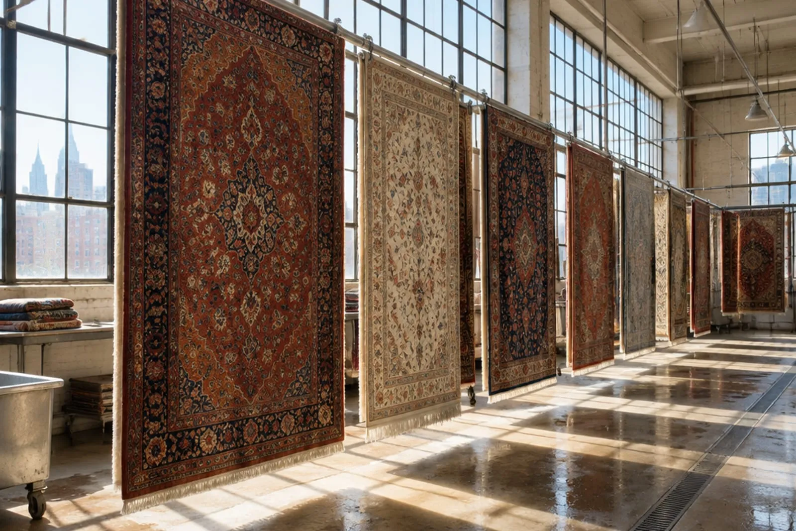Freshly washed rugs hanging to dry in a New York cleaning plant