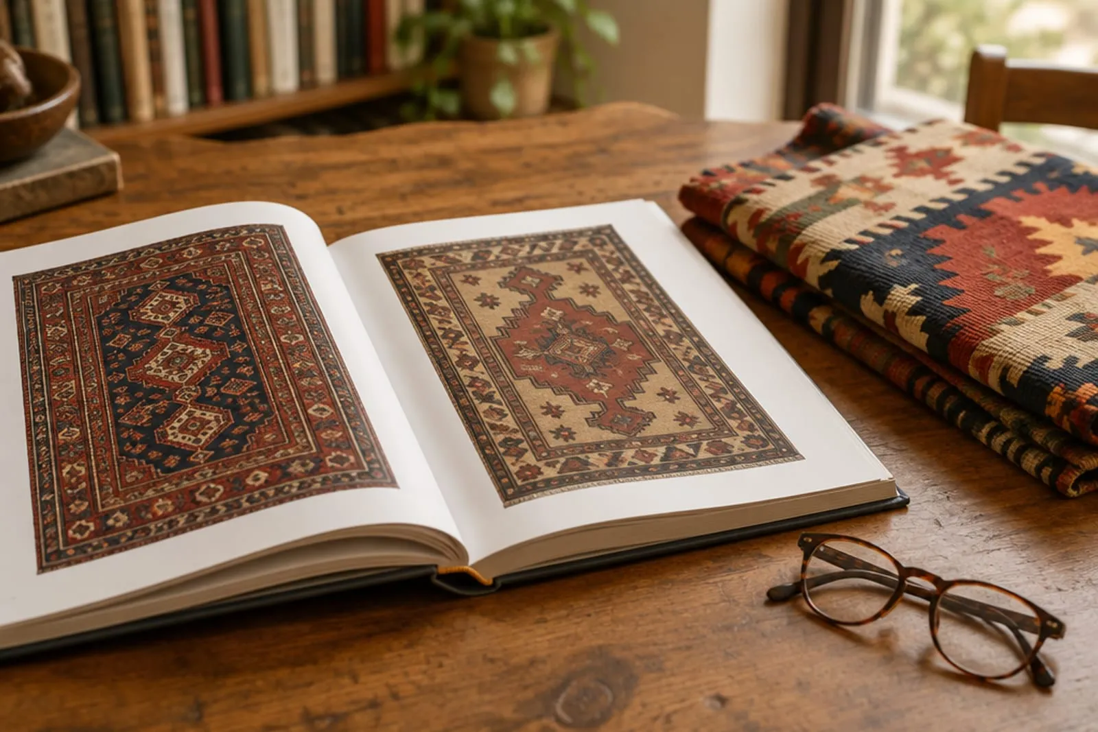 An open reference book of rug plates on a table beside a folded kilim and reading glasses