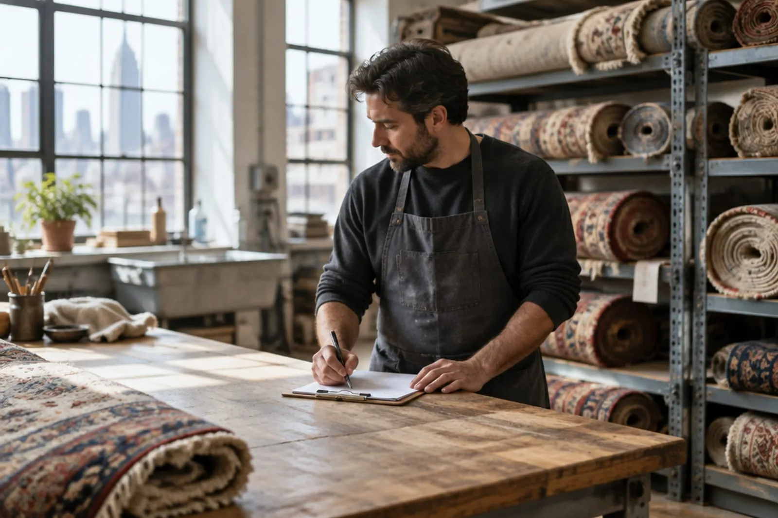 The owner of a small New York rug cleaning workshop at a worktable, rugs on racks behind
