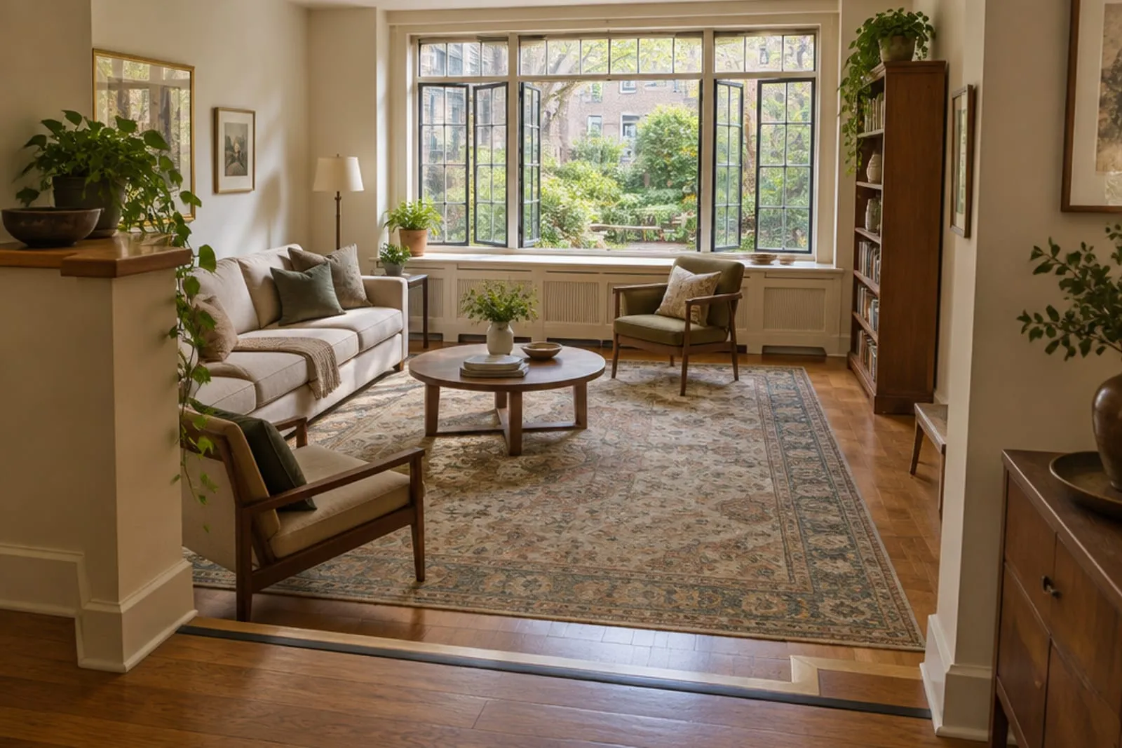 Area rug in a garden-apartment co-op facing a courtyard garden, the kind of home found in Jackson Heights, Queens