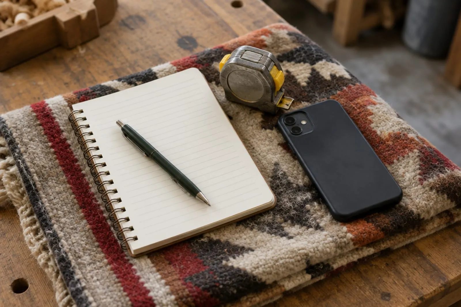 A notebook, pen and tape measure on a folded wool rug on a workbench