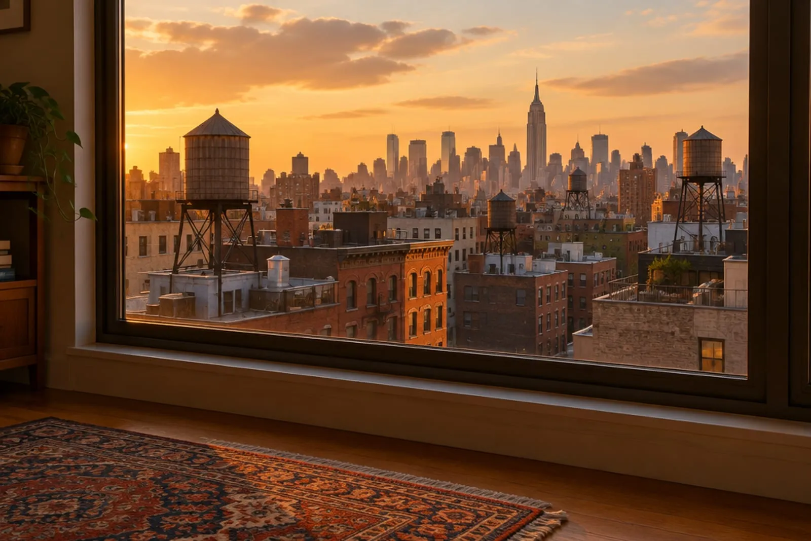 A view across New York rooftops and water towers at golden hour from an apartment window