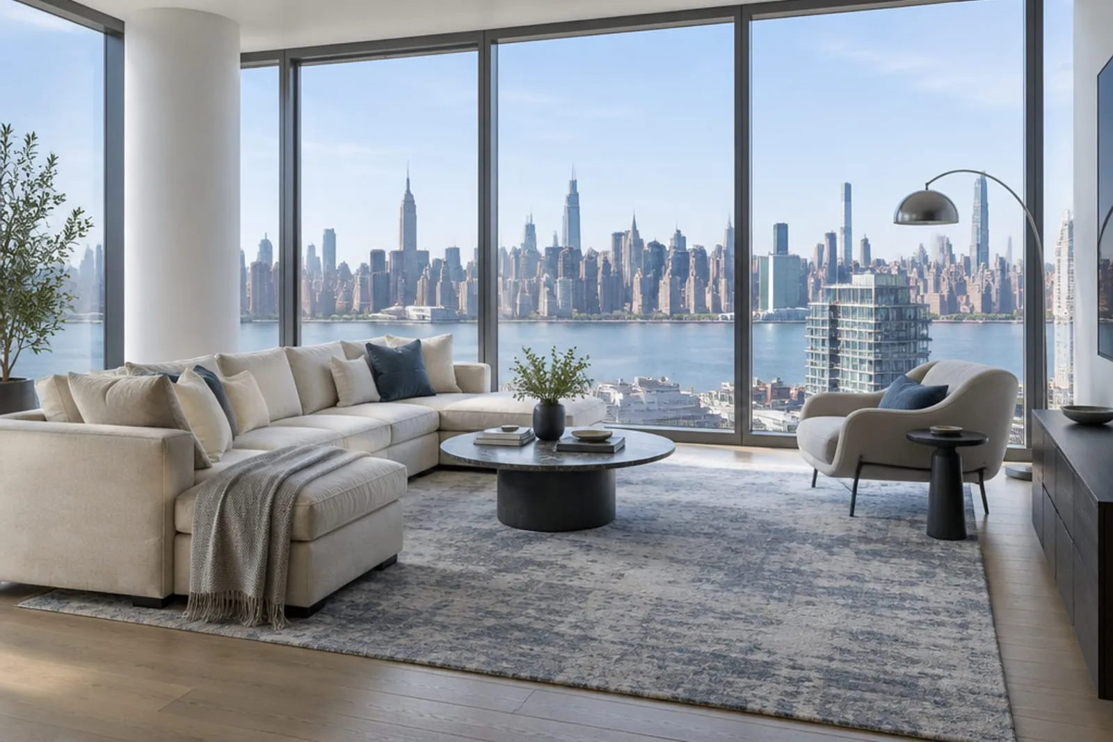 Area rug in a high-rise apartment with a skyline view, the kind of home found in Long Island City, Queens