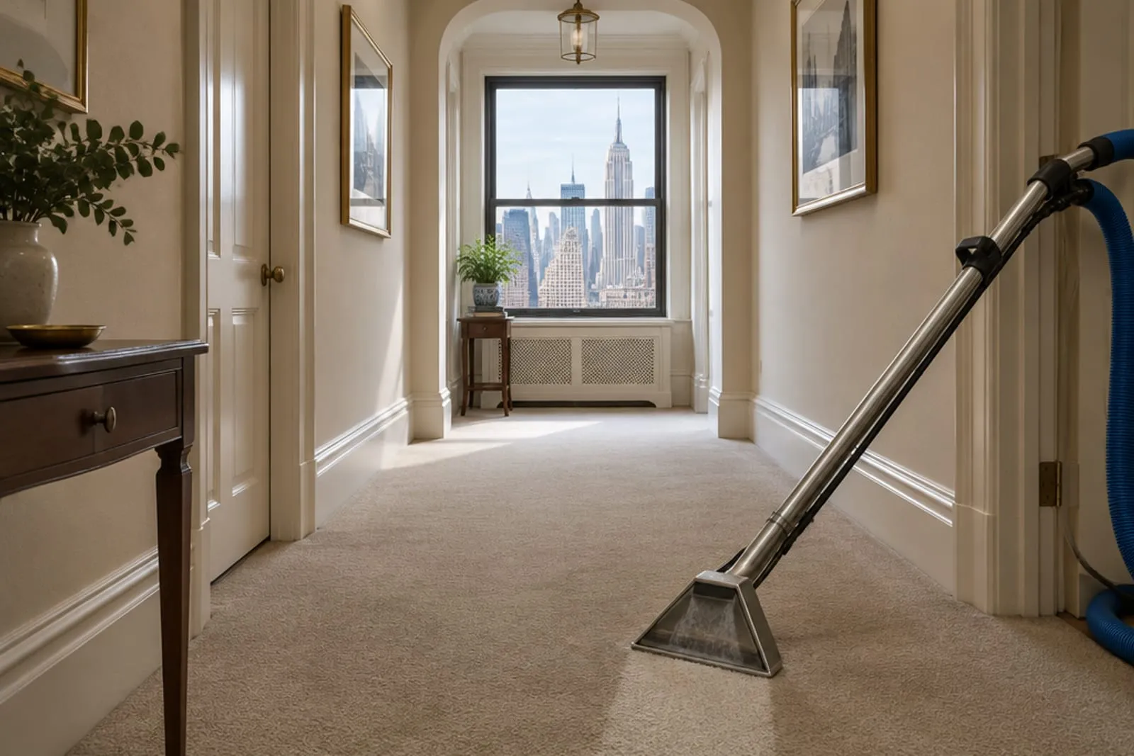 An extraction wand cleaning wall-to-wall carpet in a prewar Manhattan apartment hallway