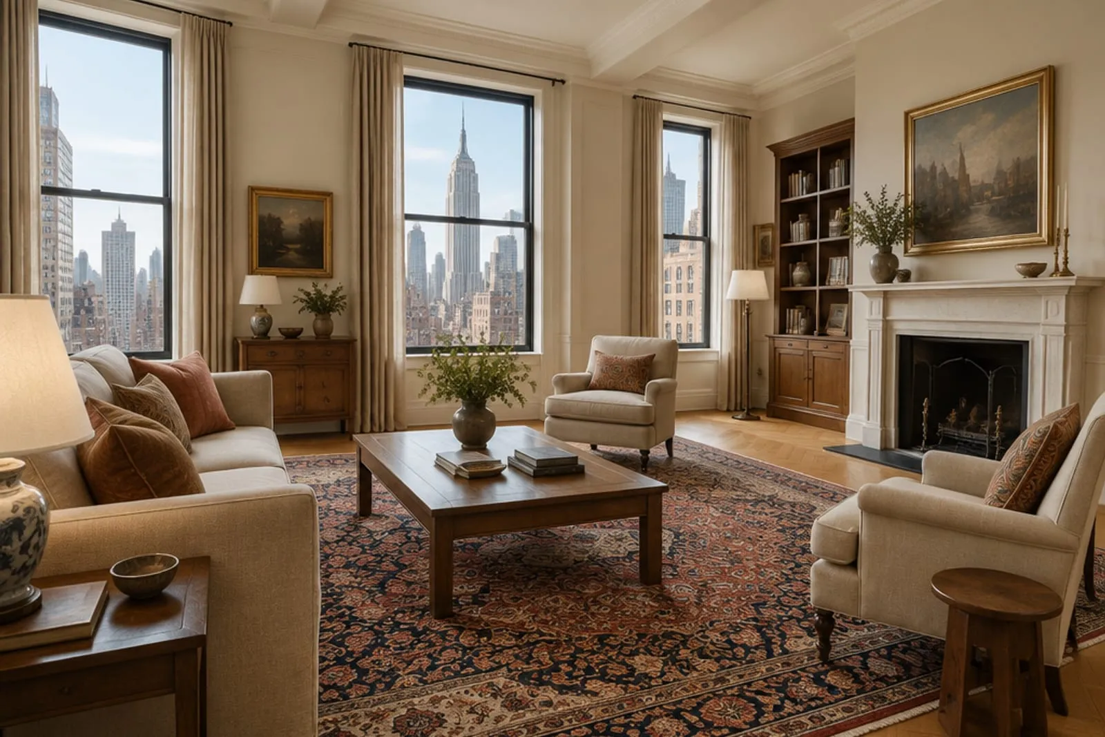 Persian area rug in a prewar Manhattan co-op living room with tall windows and a Midtown view