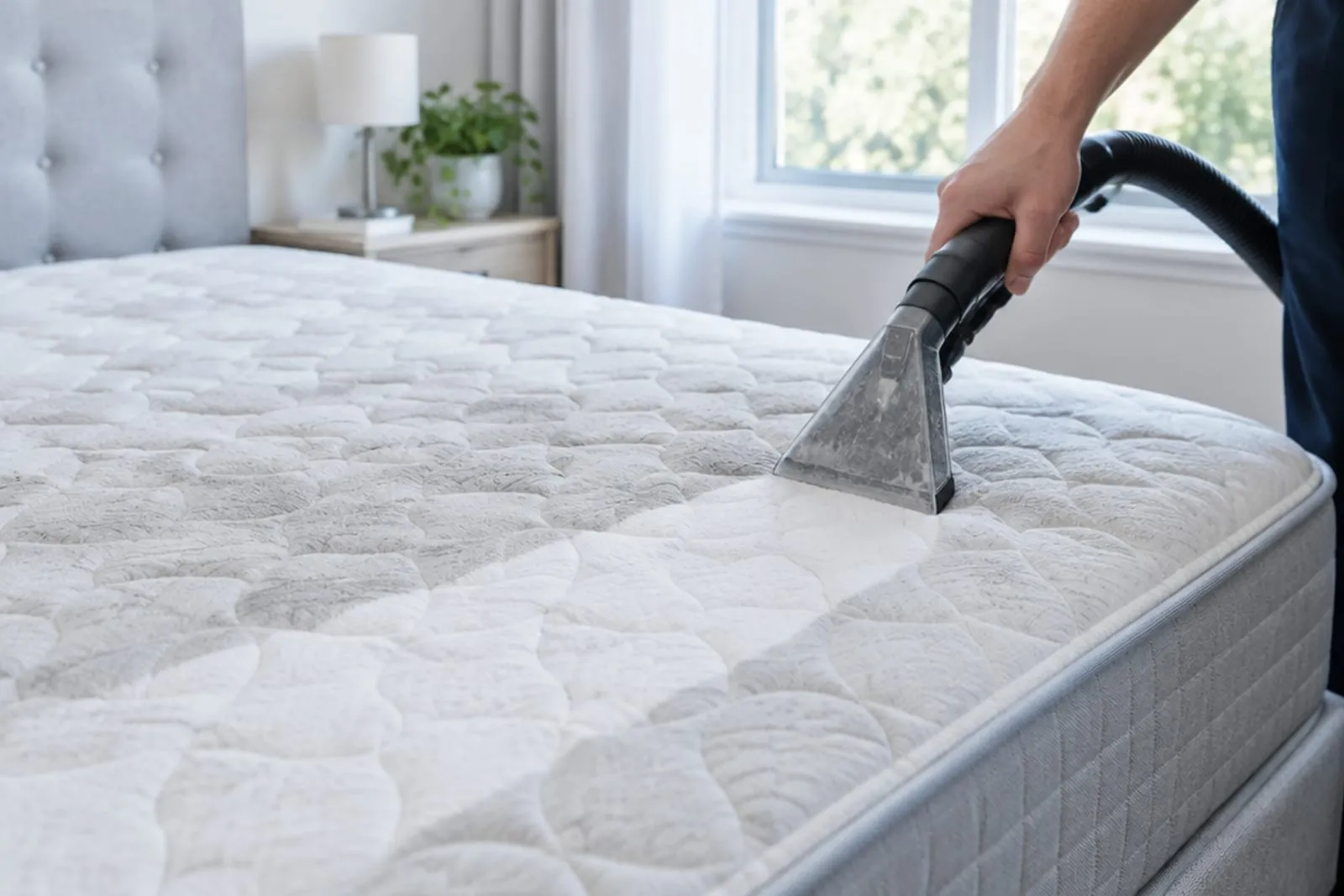 Mattress being cleaned with a handheld extraction tool