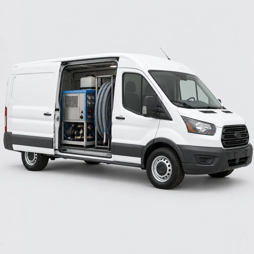 Carpet cleaning van with a truck-mounted extraction unit