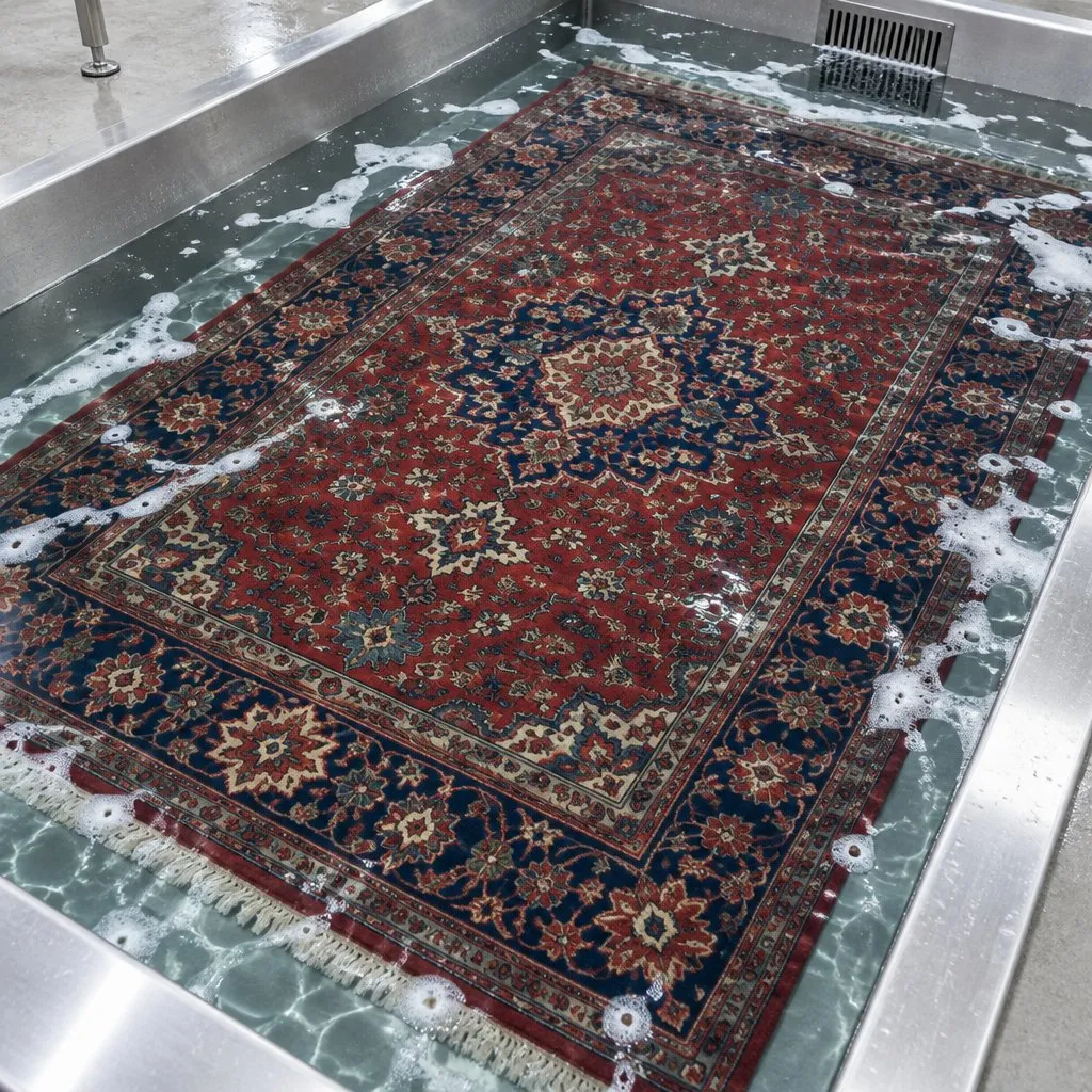 Oriental rug submerged in a plant wash pit