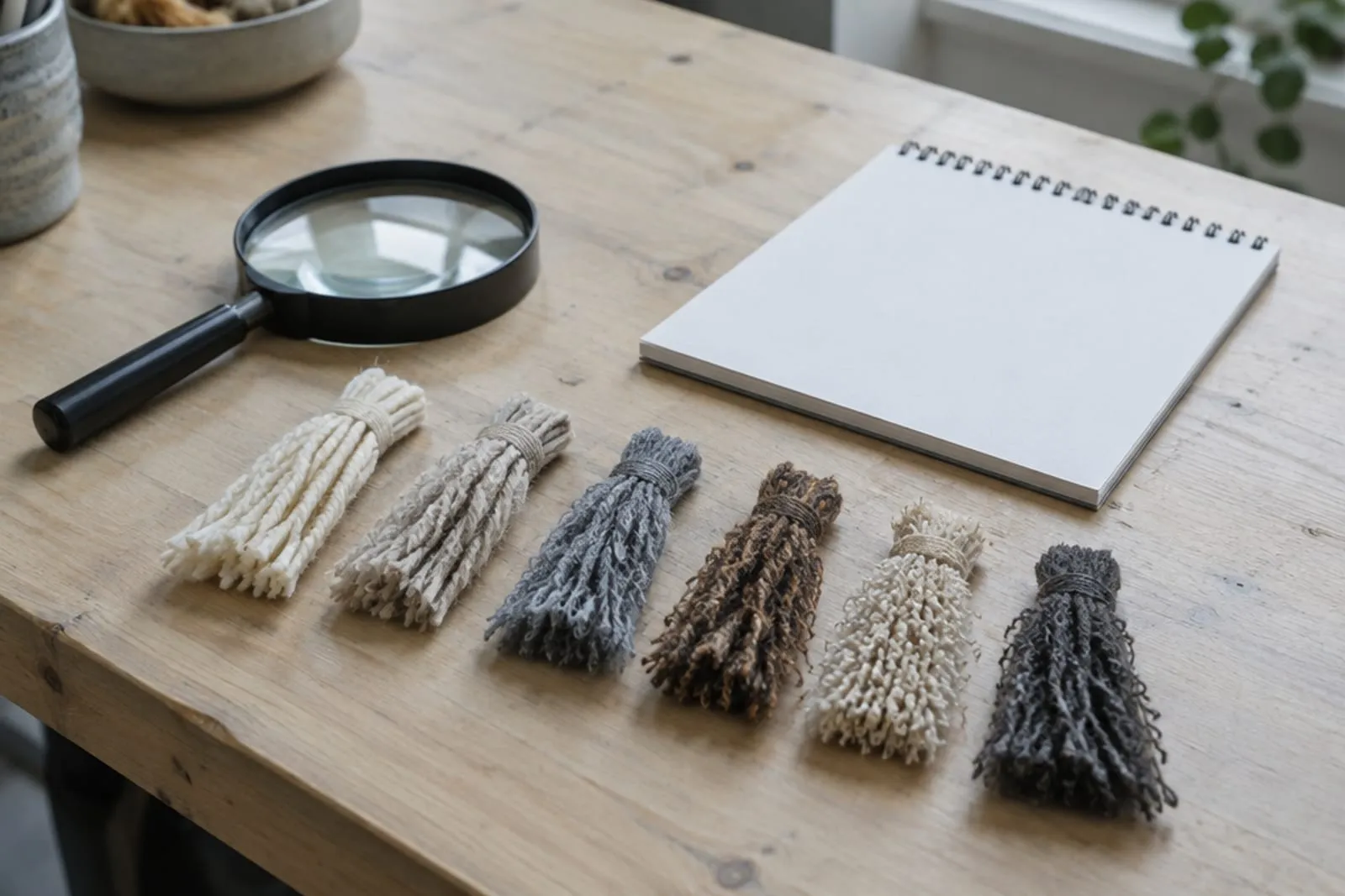 A magnifier, notepad and rug fibre samples laid out on a workbench