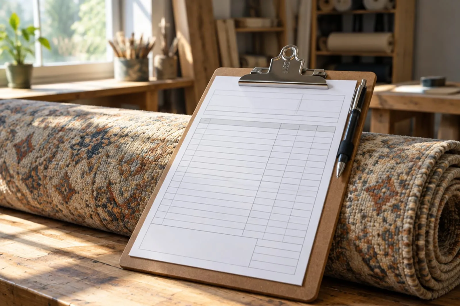 A clipboard holding an itemised work order resting on a rolled rug