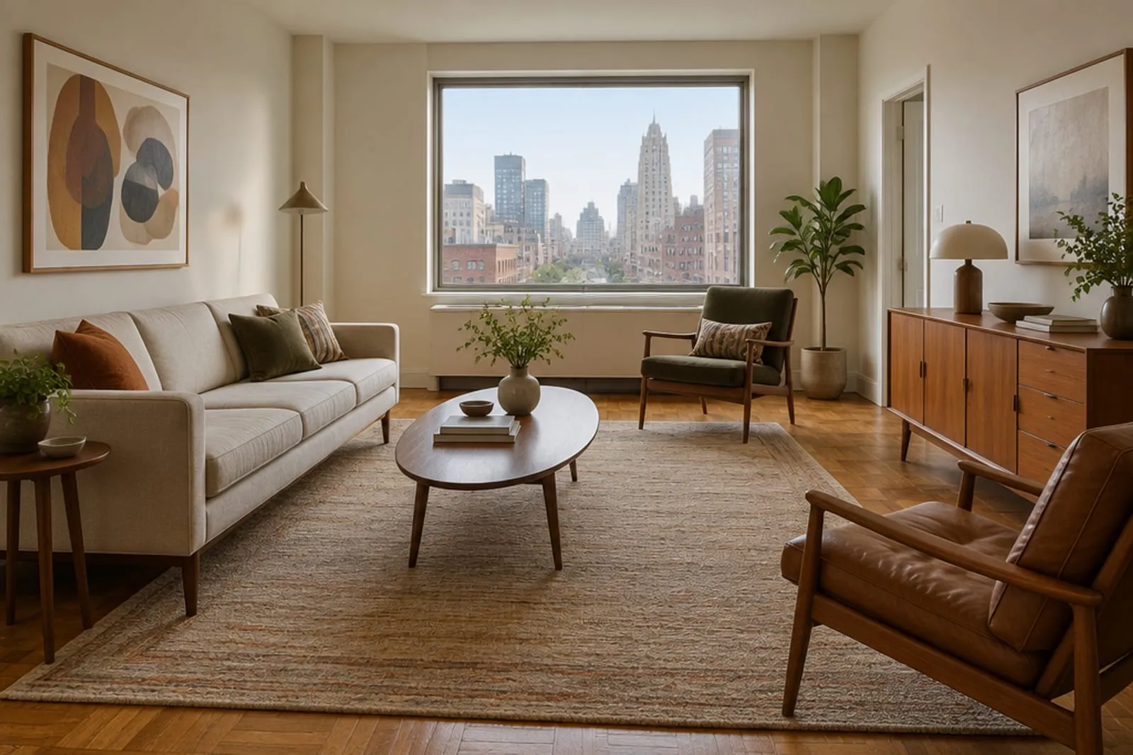 Area rug in a midcentury apartment with parquet floors, the kind of home found in Murray Hill, Manhattan