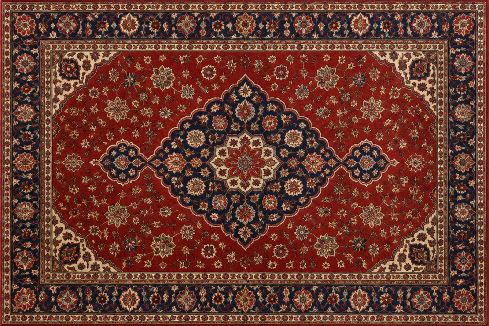 Hand-knotted Oriental rug with a red and navy medallion
