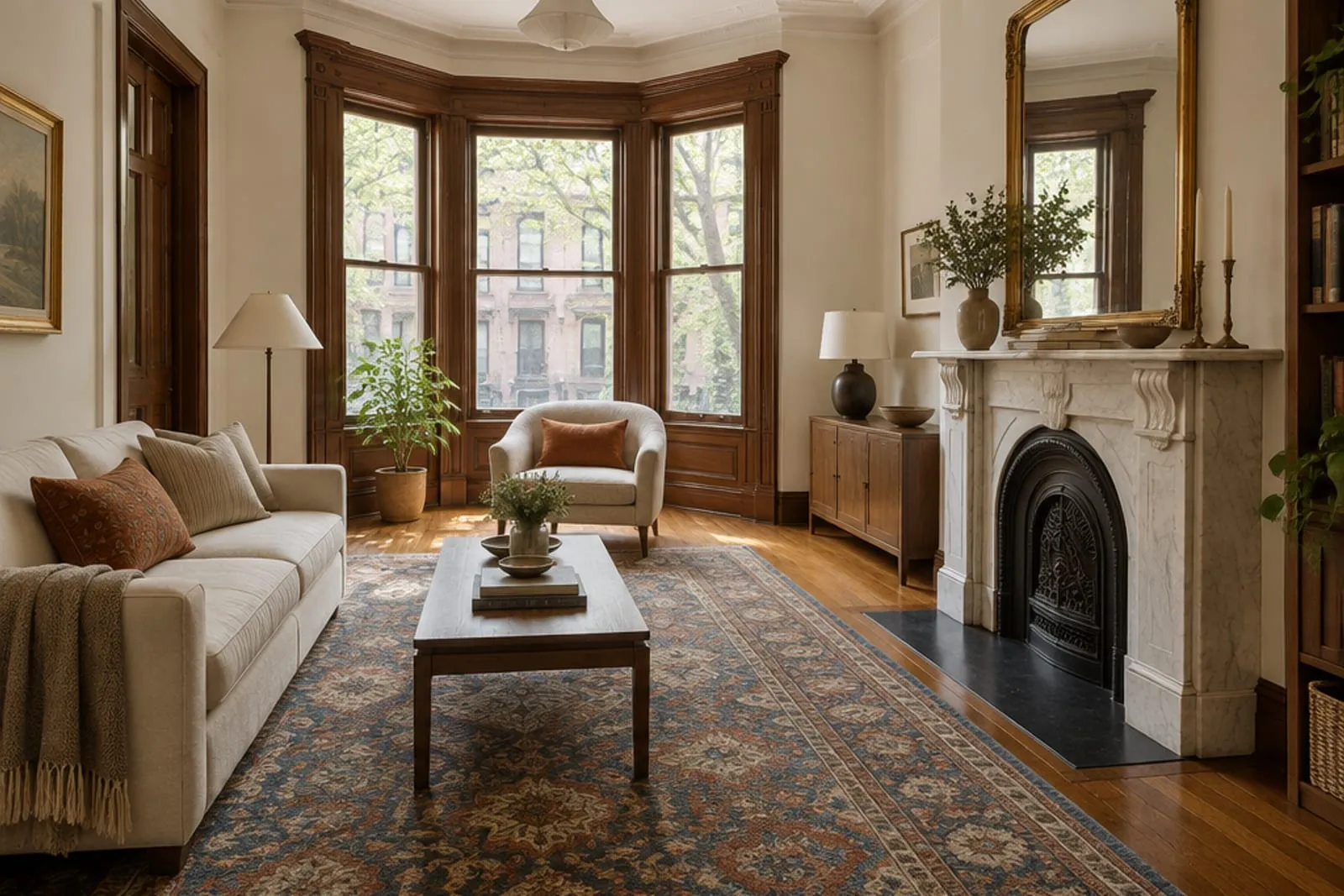 Area rug on the parlor floor of a brownstone with a bay window, the kind of home found in Park Slope, Brooklyn