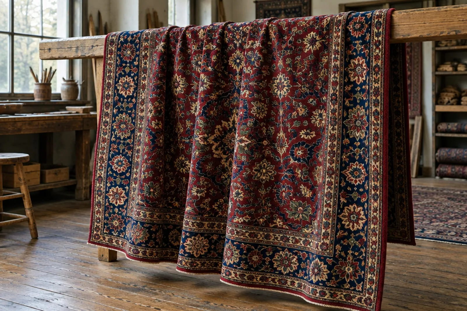 A Persian rug draped over a workshop rail, its burgundy and indigo floral field falling in soft folds