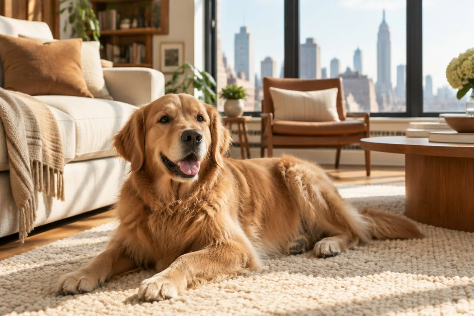 Golden retriever lying on a clean wool rug