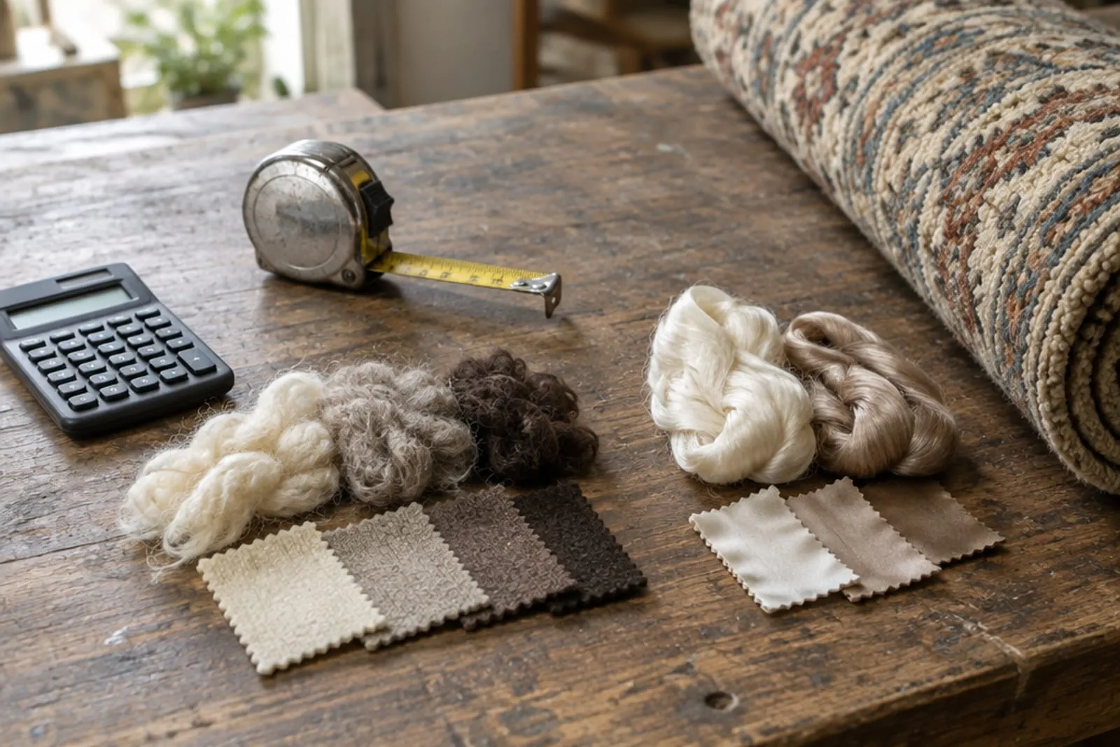 A calculator, tape measure and fibre swatches on a workbench beside a rolled rug