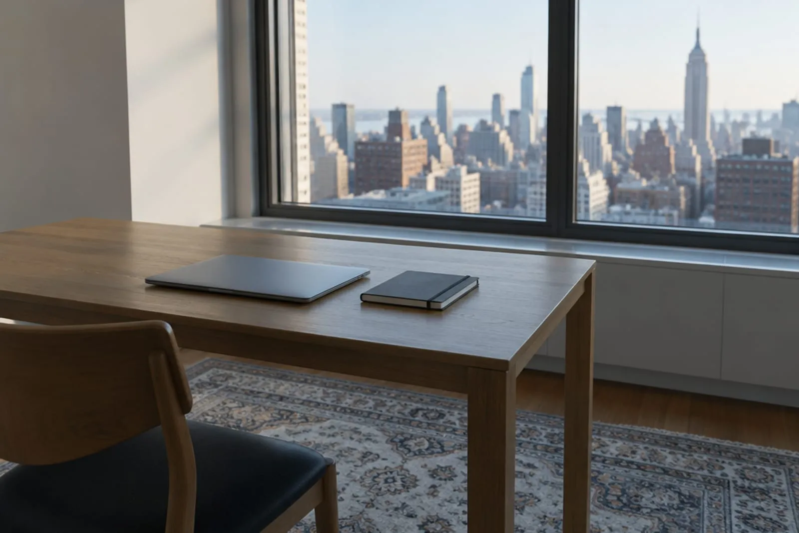 An almost bare desk by a New York apartment window holding one closed laptop and one closed notebook