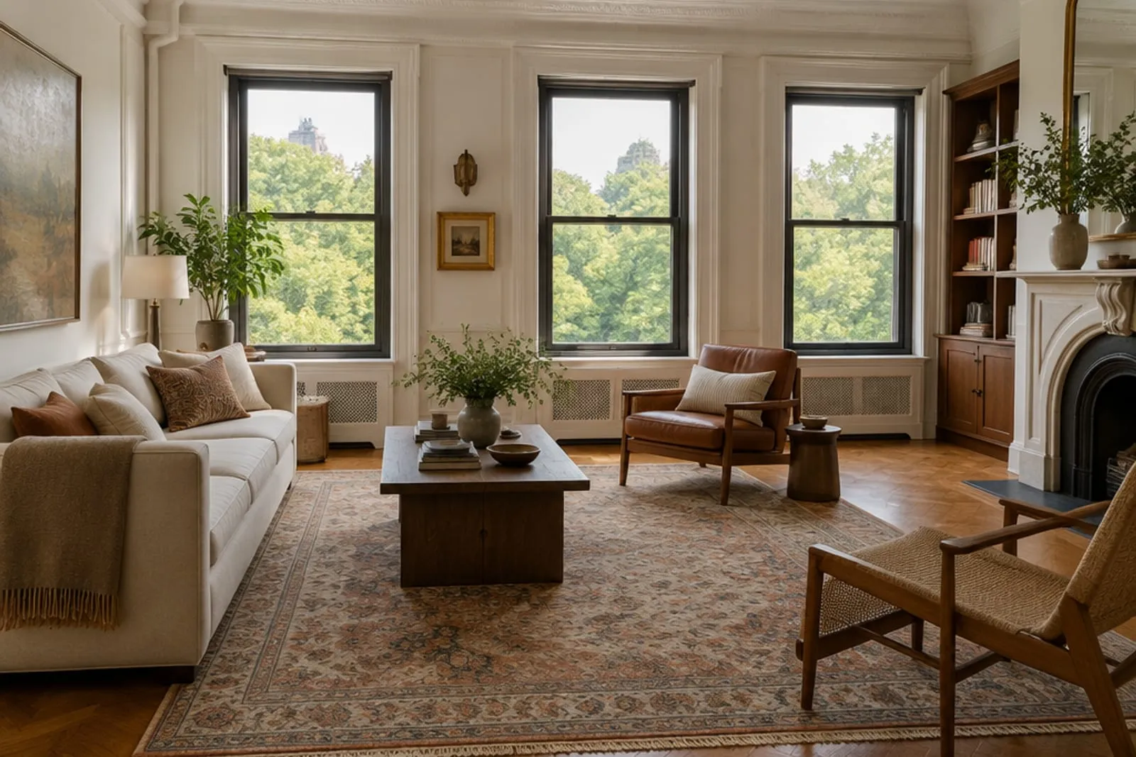 Area rug in a prewar apartment facing a tree-filled park, the kind of home found in Prospect Heights, Brooklyn