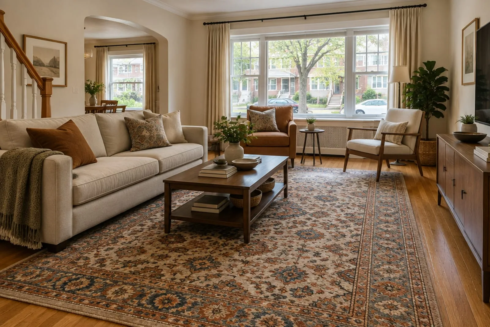 Large patterned area rug in a Queens family living room with oak floors and a view of the street
