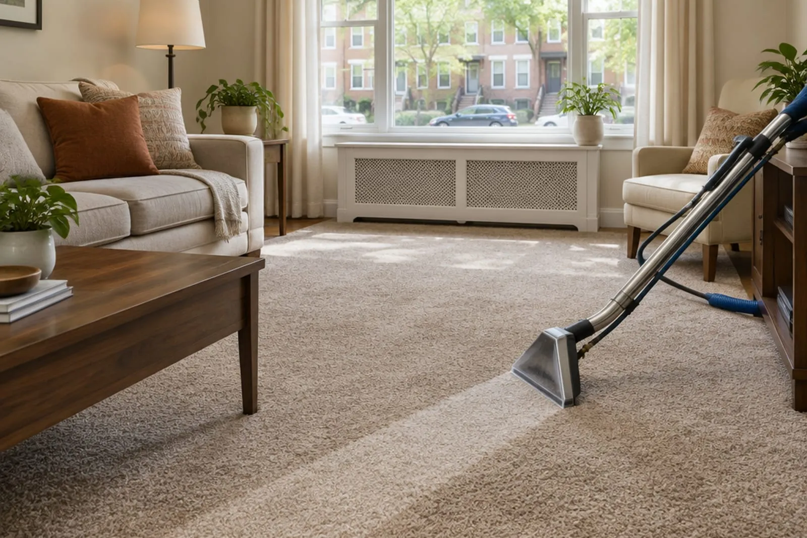 An extraction wand drawing a clean stripe across wall-to-wall carpet in a Queens living room