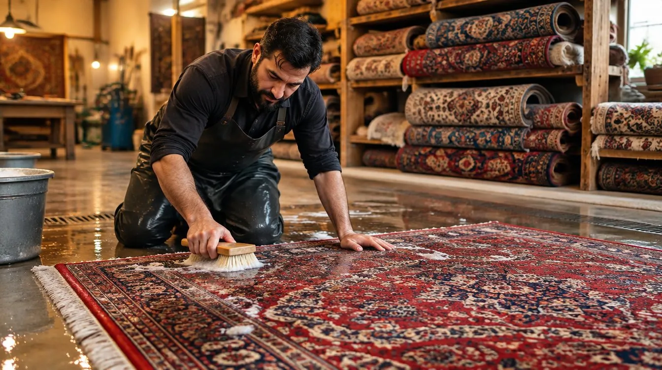 Craftsman hand-washing a Persian rug in a rug cleaning workshop