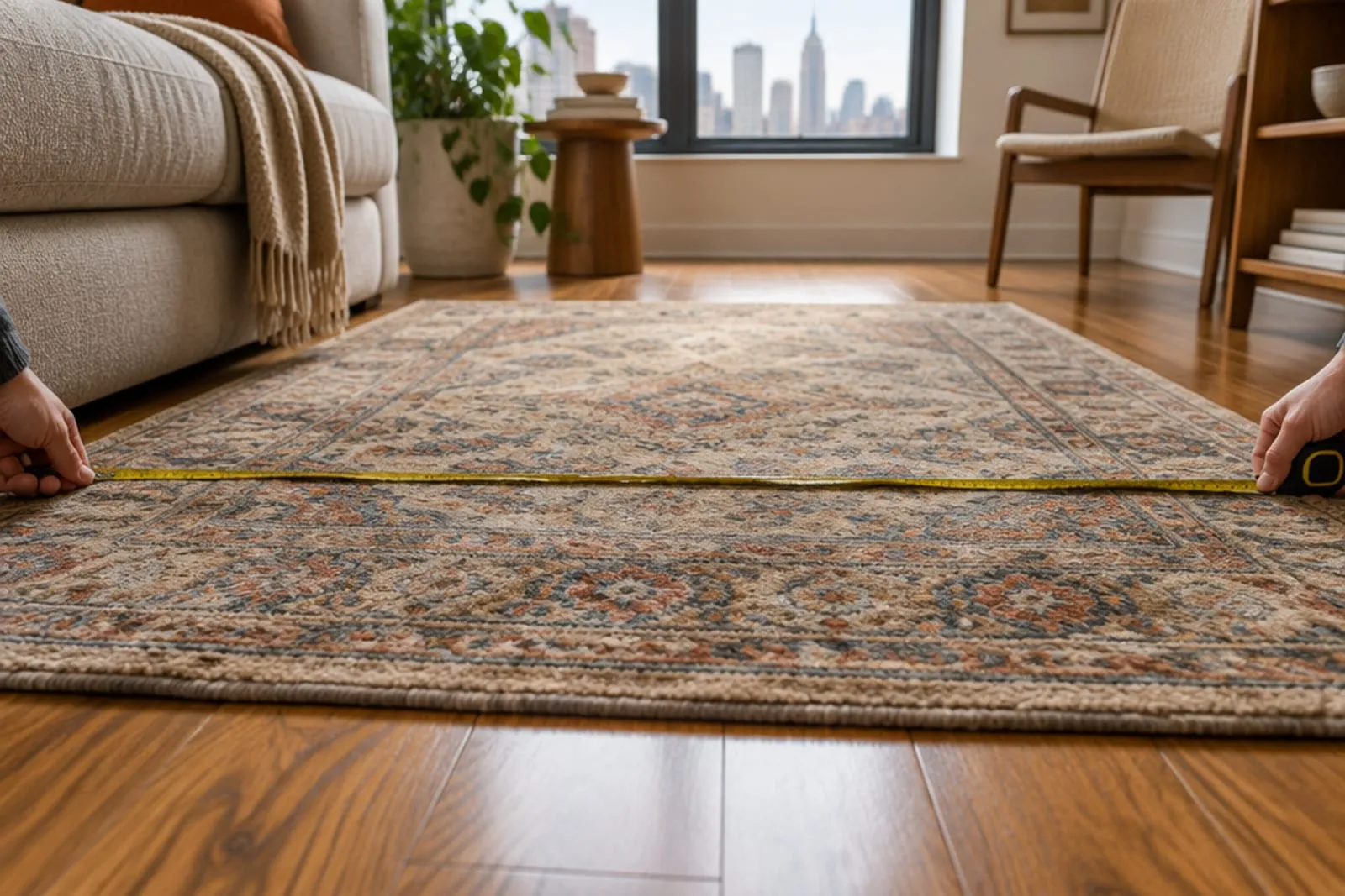 A tape measure stretched across an area rug on a hardwood floor