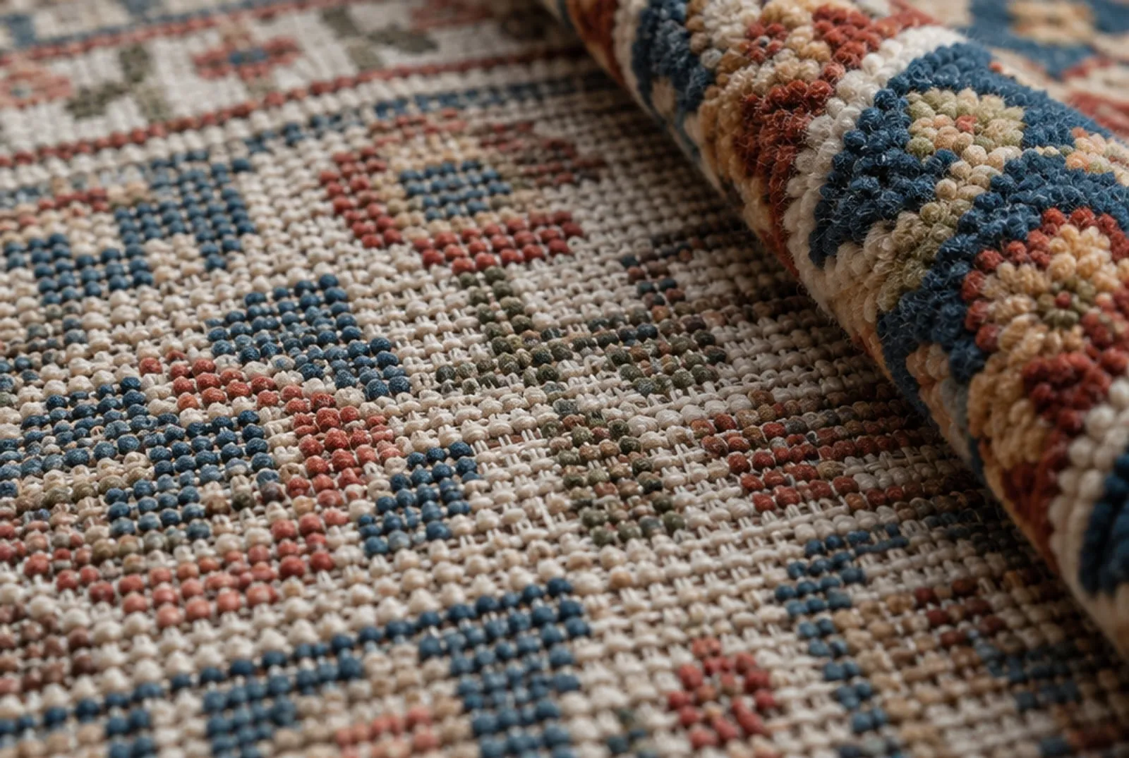 The back of a hand-knotted rug showing its knots, one corner folded to reveal the pile