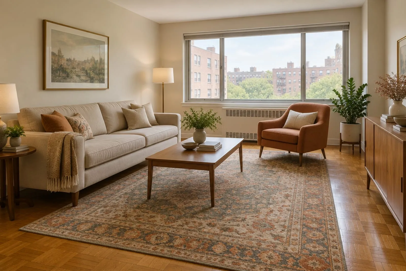 Area rug in a postwar co-op with parquet floors, the kind of home found in Rego Park, Queens
