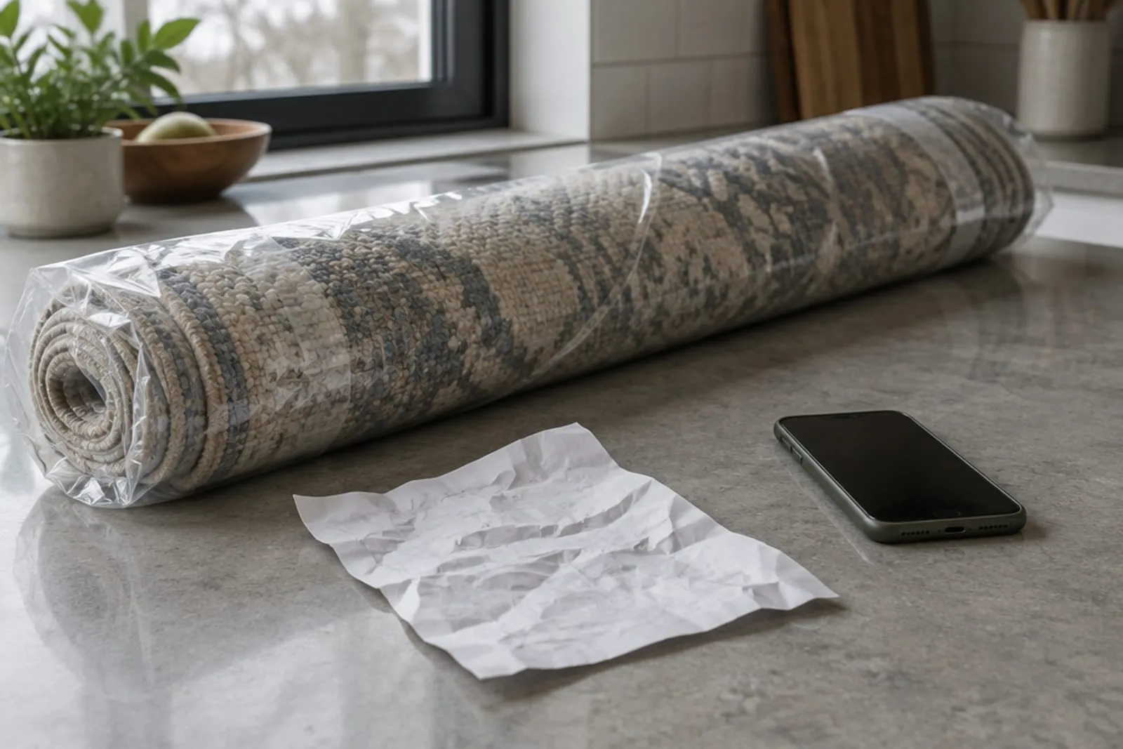 A creased invoice and a phone on a kitchen counter beside a wrapped rug