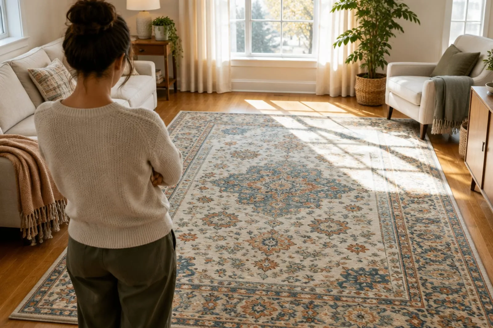 Someone standing back looking at a freshly cleaned rug laid out in their living room