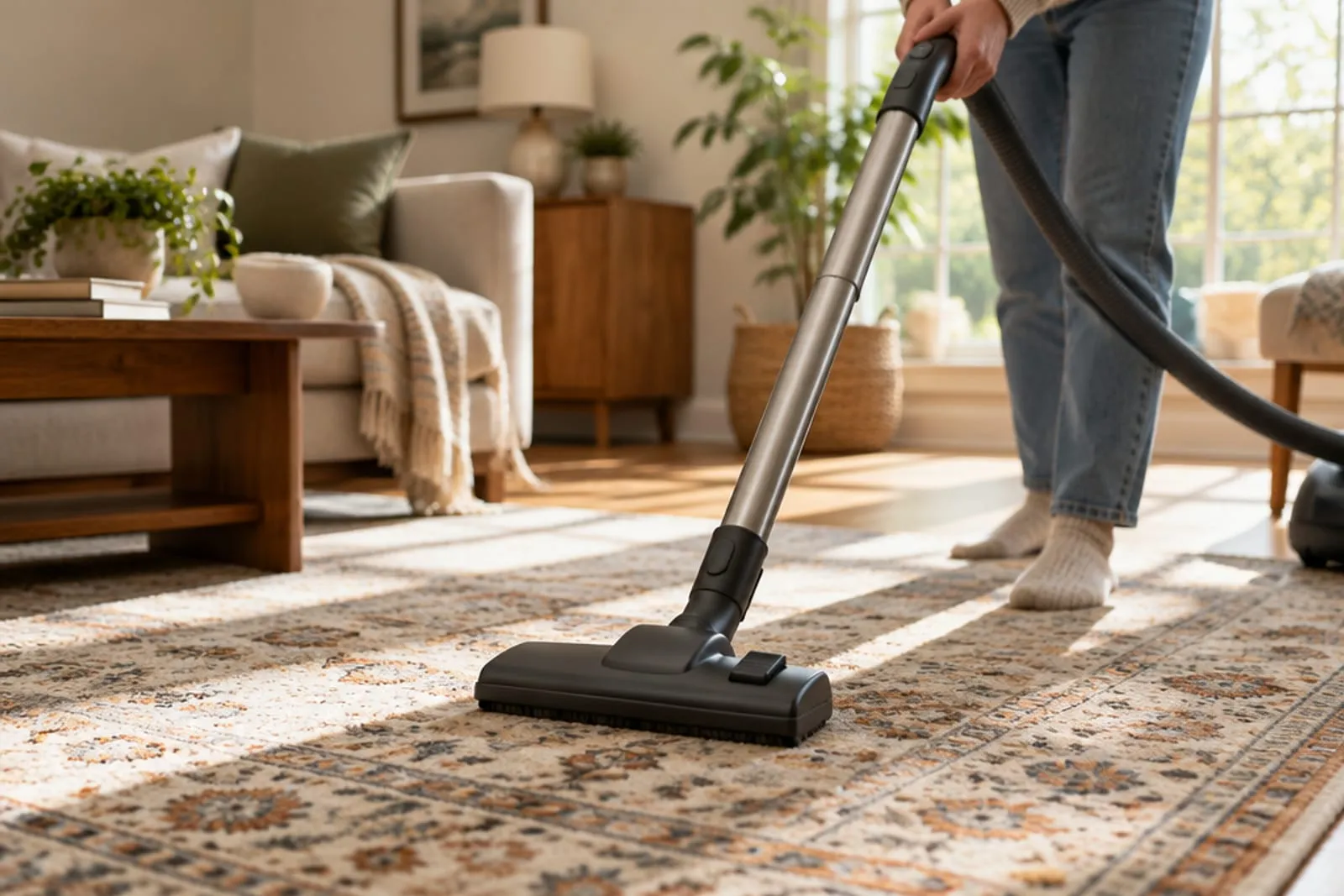 Vacuuming a patterned area rug at home