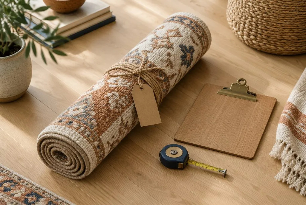 A small area rug rolled and tagged for pickup beside a clipboard and tape measure