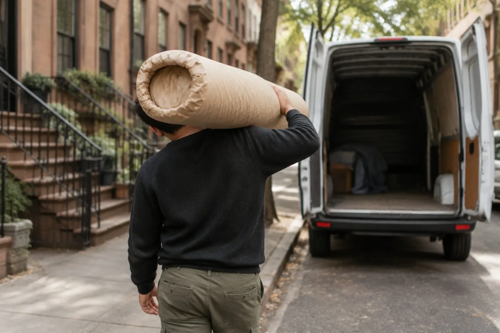 Wrapped rug carried to a van on a Brooklyn brownstone street