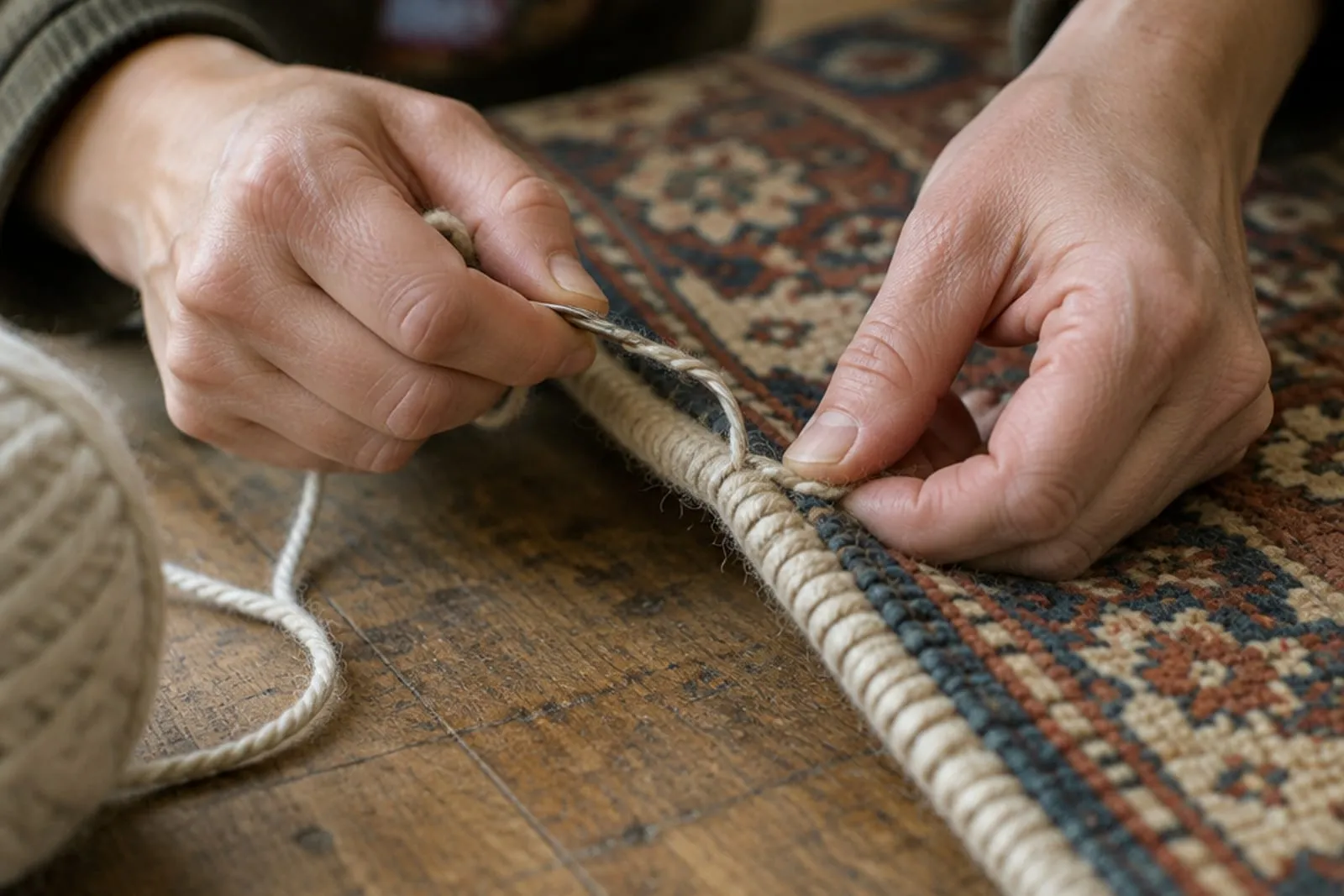 Hands rewrapping the edge binding of a hand-knotted rug