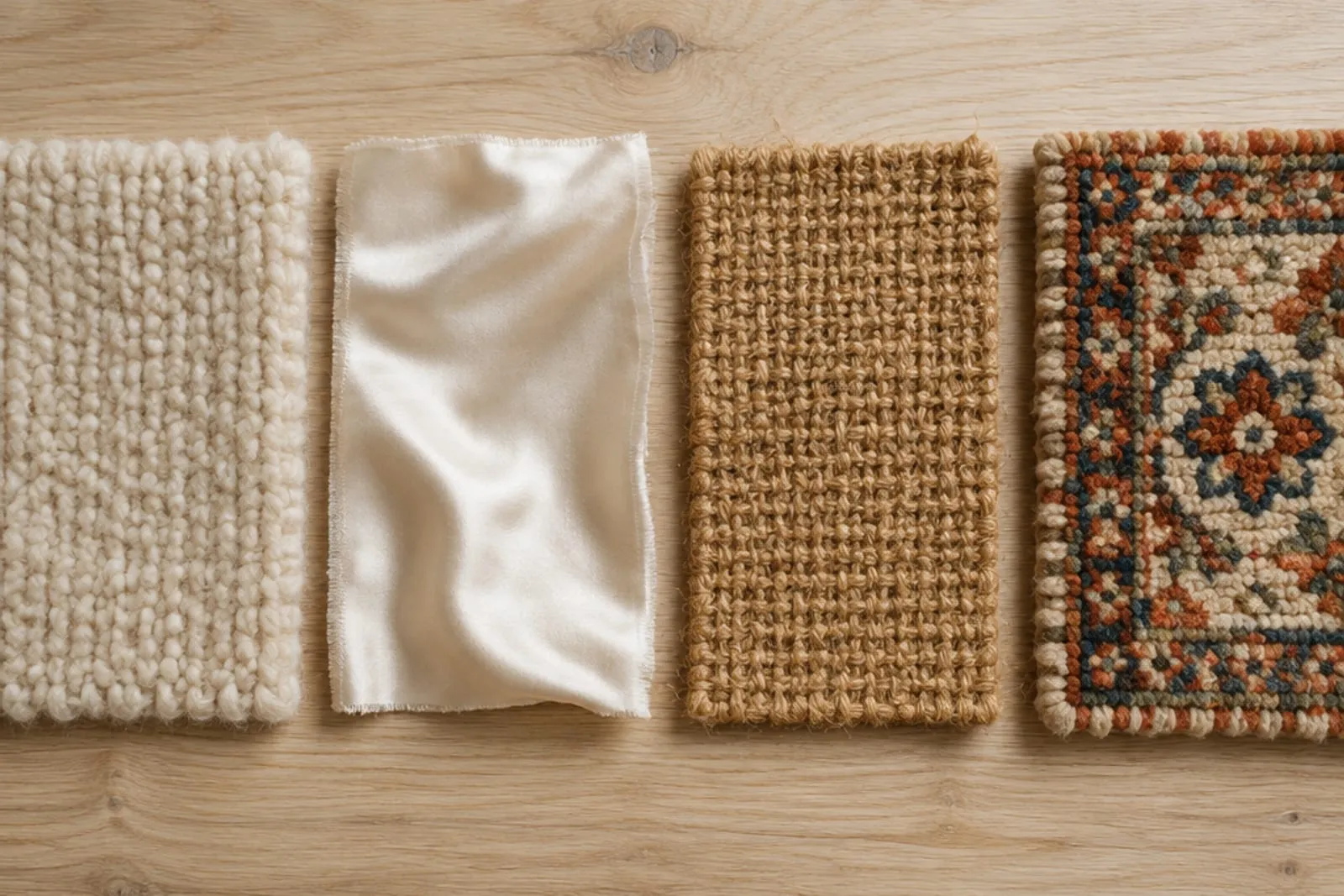 Wool, silk, jute and hand-knotted rug samples side by side