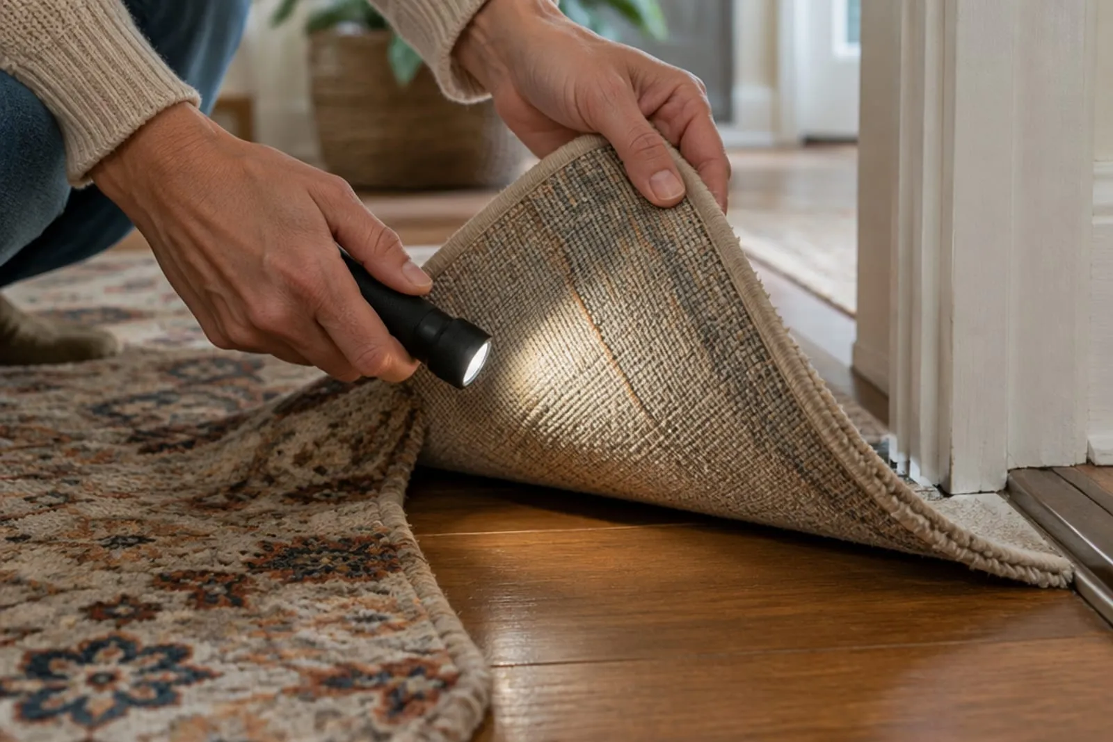 Hands lifting a folded rug's corner and inspecting its back with a small flashlight