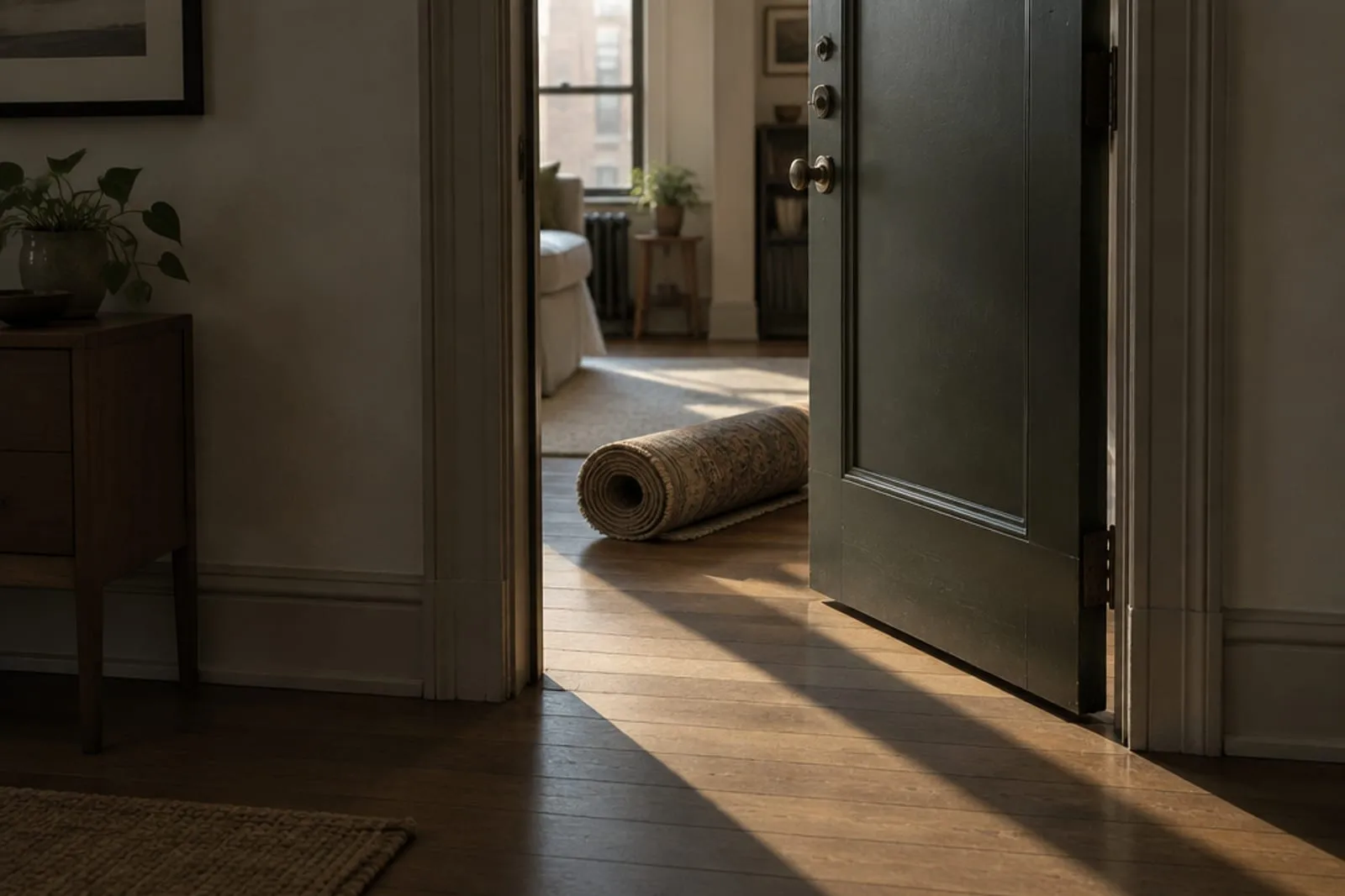 An apartment front door standing ajar with a rolled rug just inside the threshold