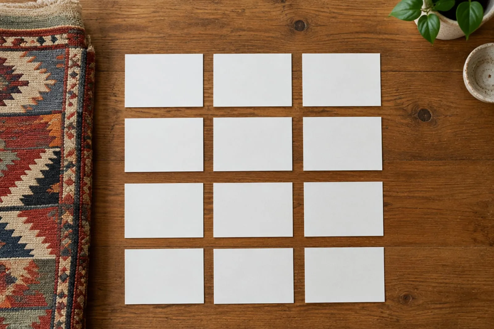 Blank index cards laid out in a neat grid on a wooden table beside a folded kilim