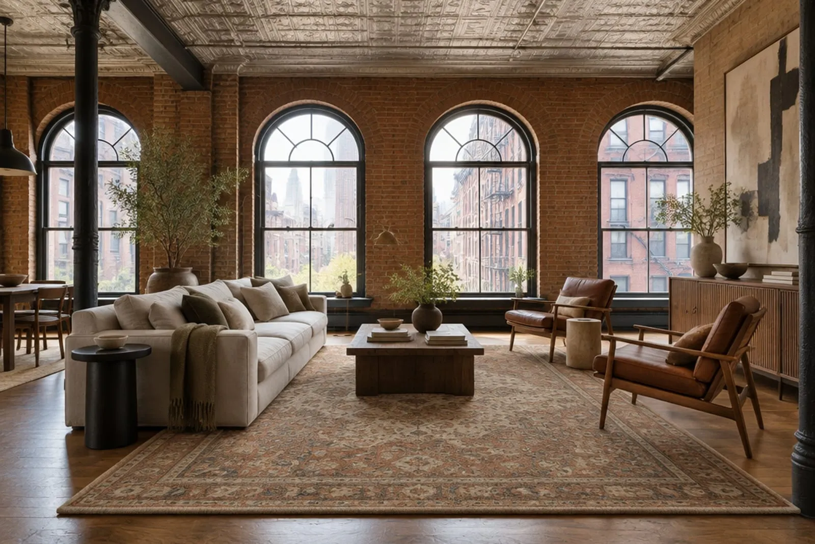 Area rug in a cast-iron loft with exposed brick and a tin ceiling, the kind of home found in SoHo, Manhattan