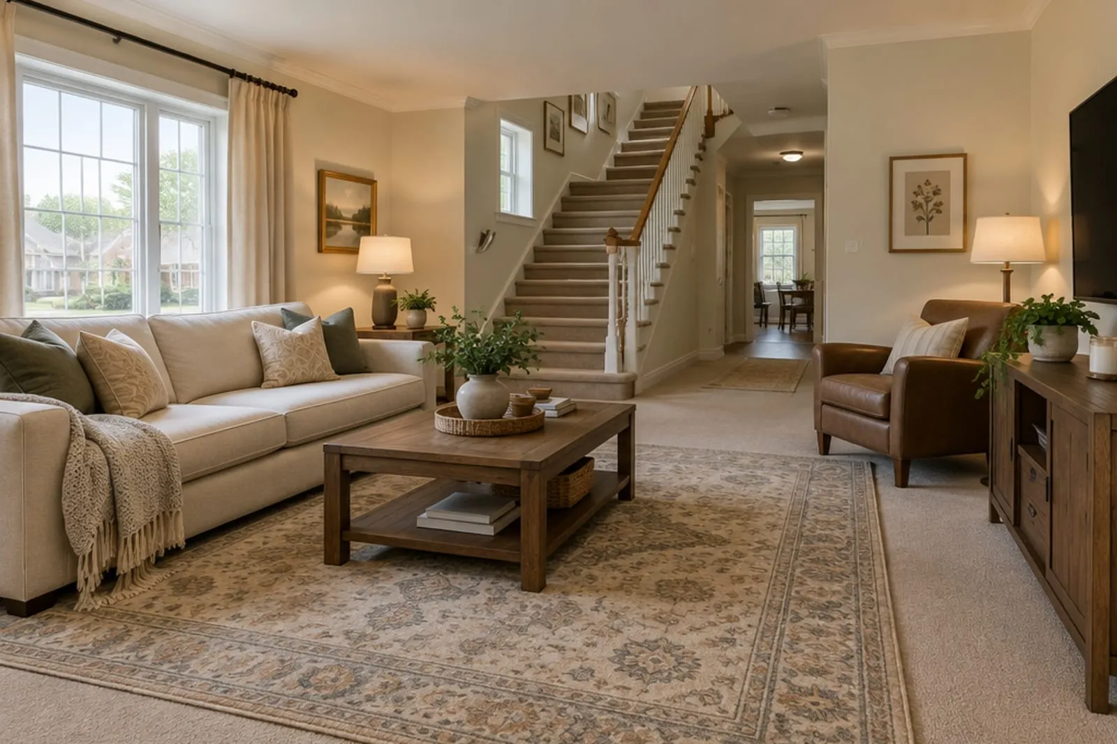 Area rug layered over wall-to-wall carpet in a Staten Island house, with a carpeted staircase behind