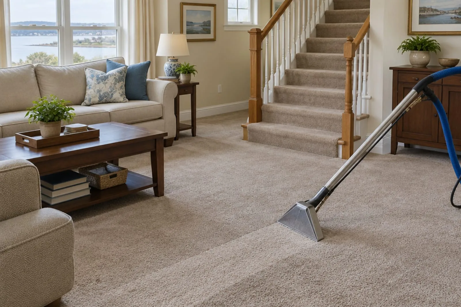 Wall-to-wall carpet being cleaned in a Staten Island house, a carpeted staircase behind