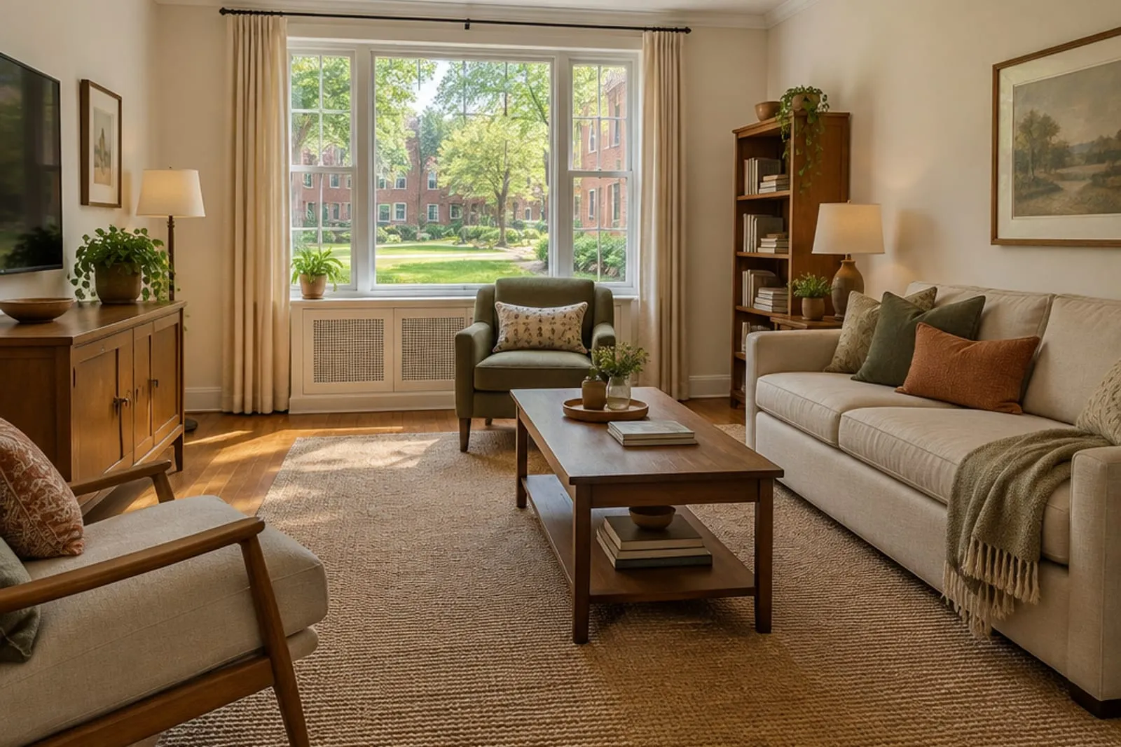 Area rug in a small brick house facing a shared green, the kind of home found in Sunnyside, Queens