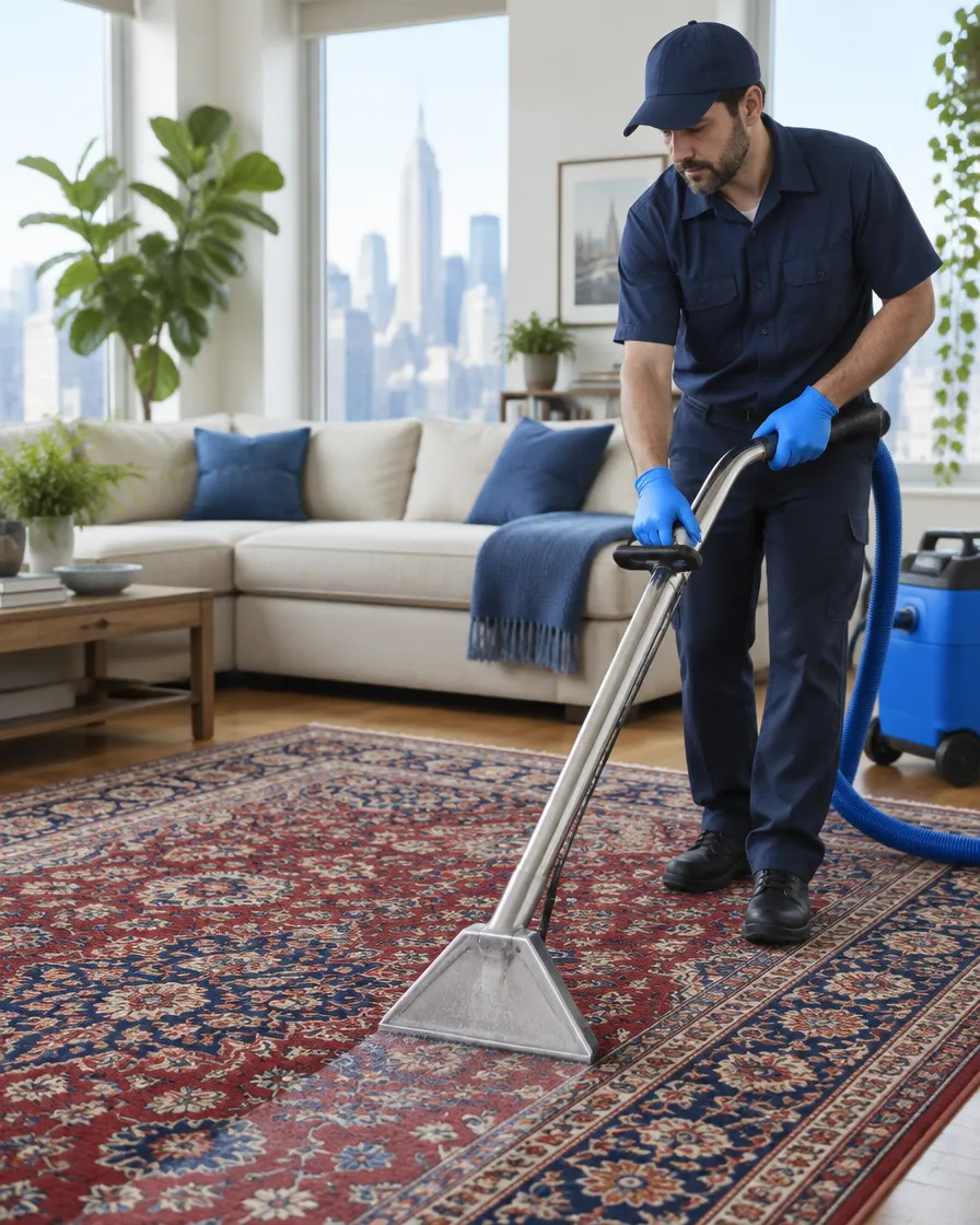 Technician cleaning a red and navy Persian rug in a bright New York apartment