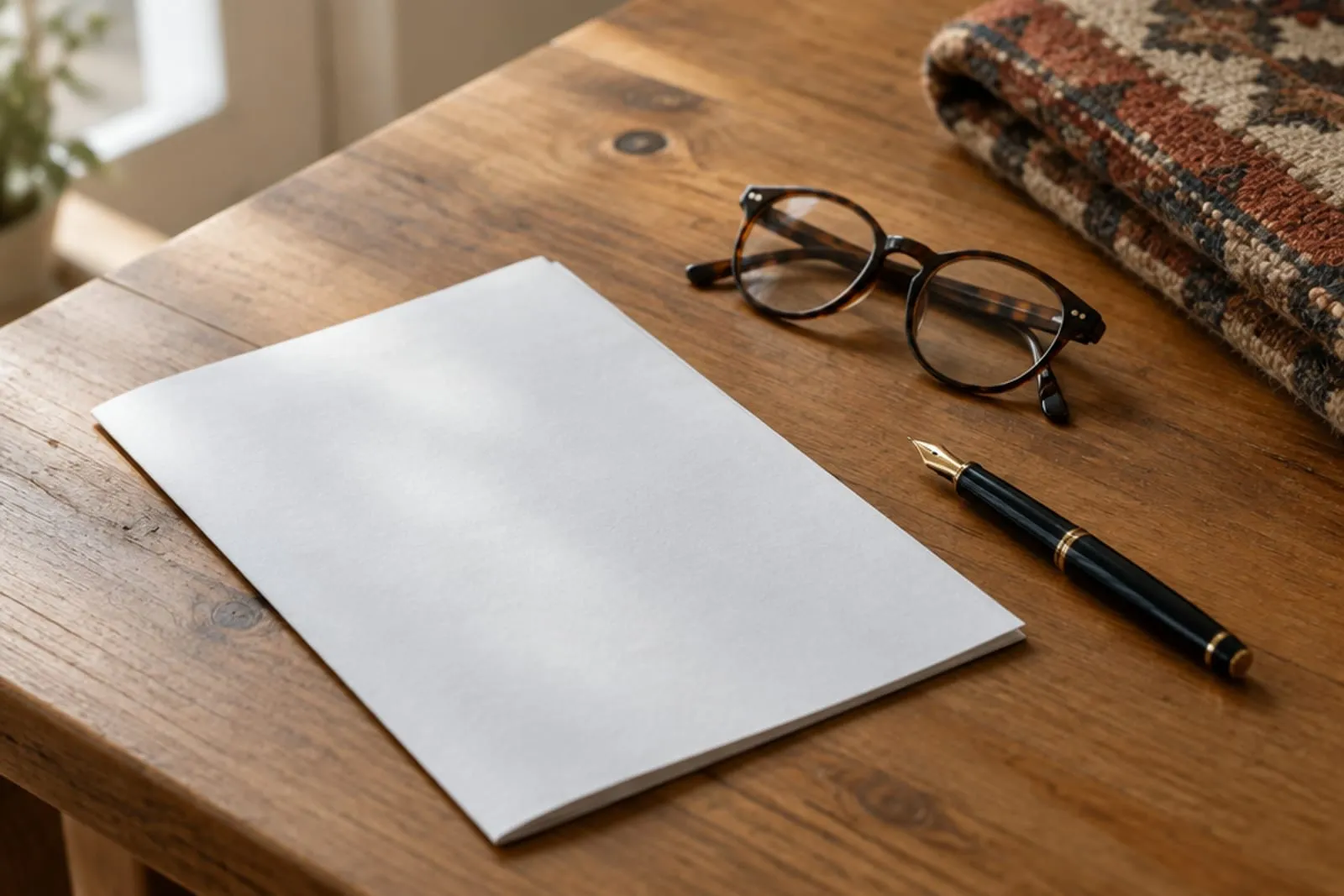 A printed document lying face down on a table beside reading glasses and a pen