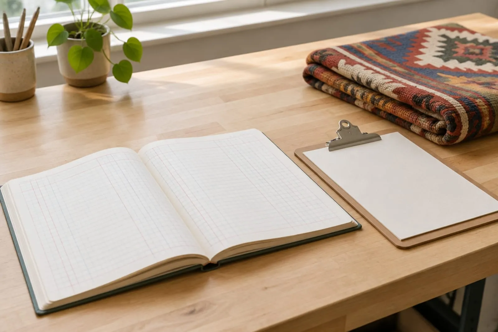 An open ledger and clipboard on a clean workbench next to a folded kilim