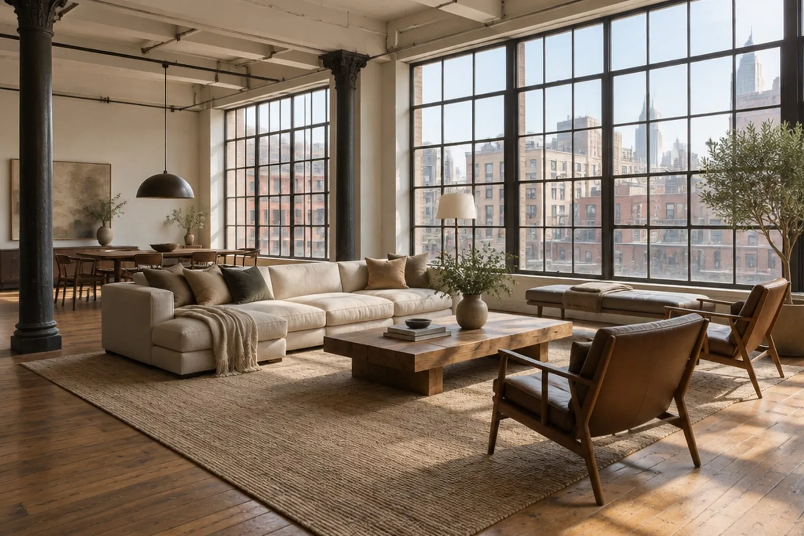 Area rug in a converted loft with cast-iron columns and factory windows, the kind of home found in Tribeca, Manhattan