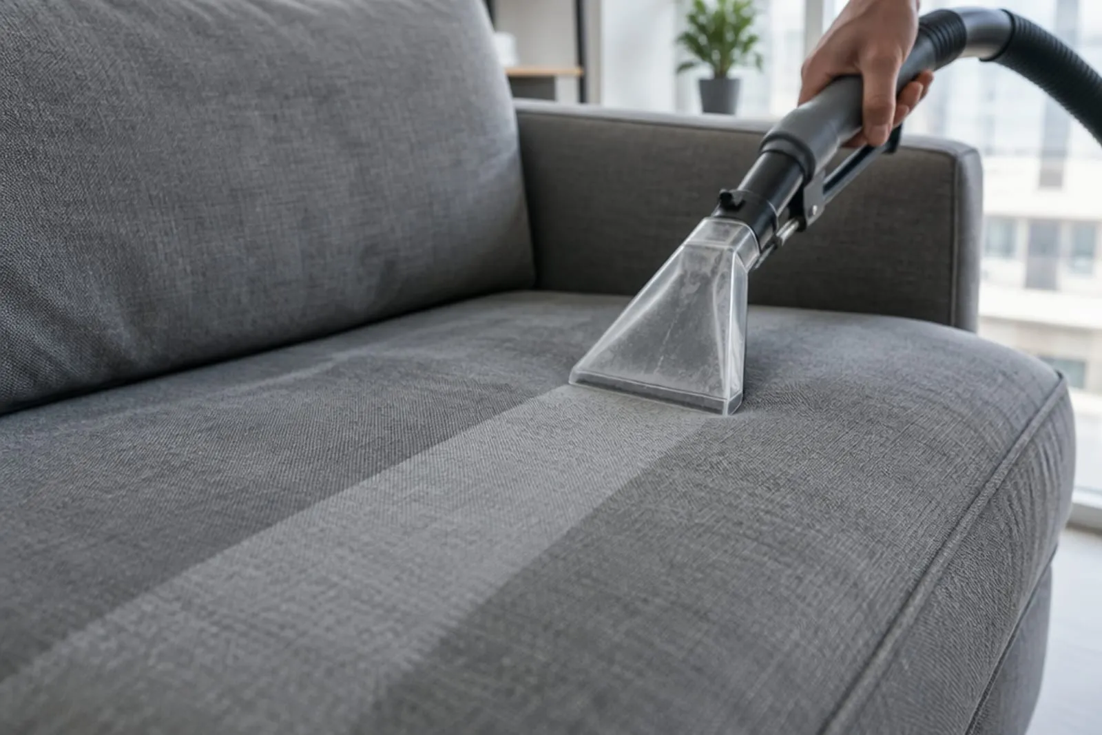 Upholstery cleaning tool on a grey fabric sofa