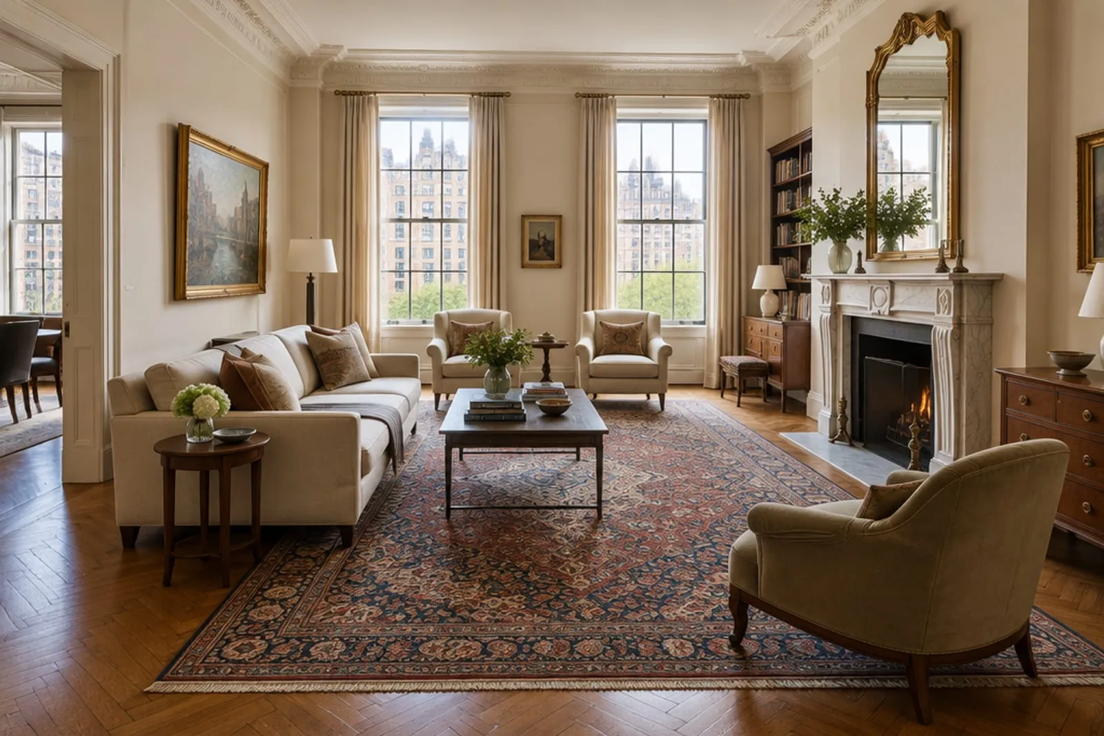 Area rug in a prewar co-op with herringbone parquet and crown moldings, the kind of home found in Upper East Side, Manhattan