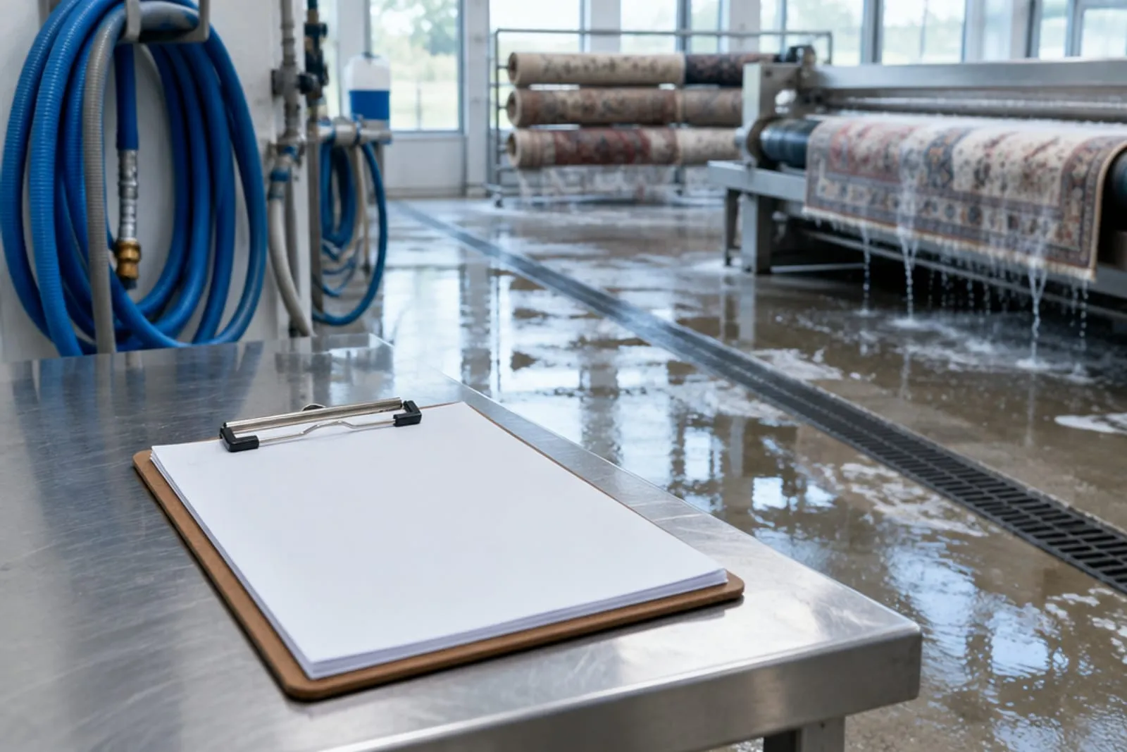 A clipboard of blank forms on a worktable inside a rug washing plant