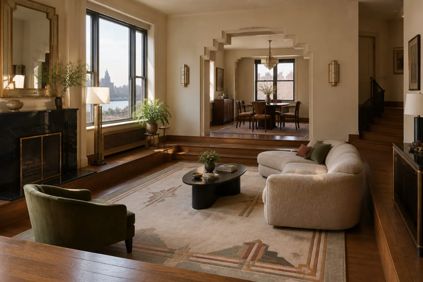 Area rug in an Art Deco-era apartment with a sunken living room, the kind of home found in Washington Heights, Manhattan